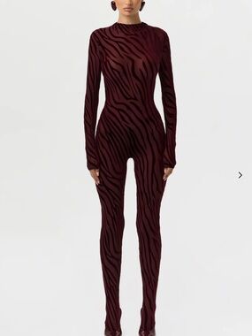Naked wardrobe zebra velvet mesh plum Burgundy Jumpsuit sz small